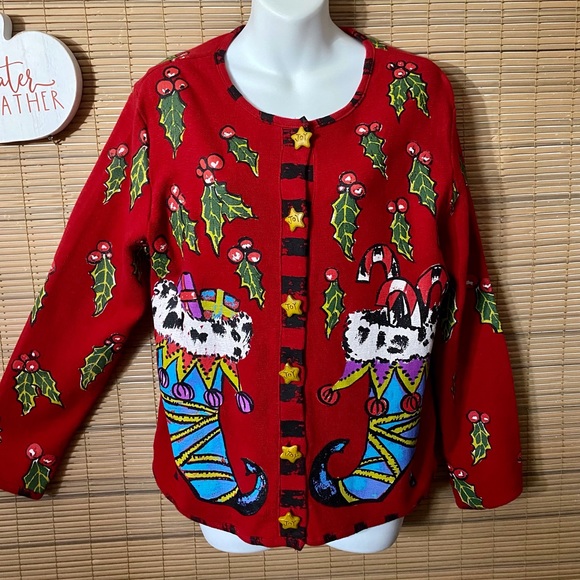 🎄Hand-painted holiday sweater, classy, dressy, upscale, cardigan, star buttons - Picture 13 of 16